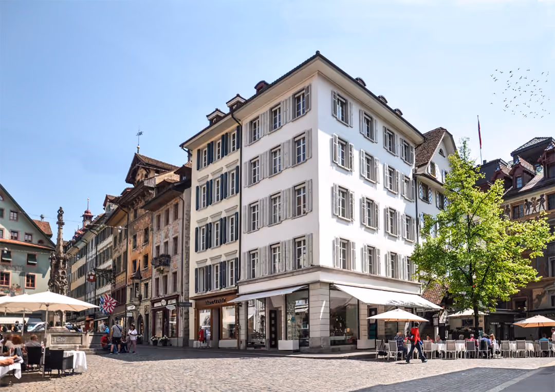 The ODA Suites house at Metzgerrainle 1 in Lucerne's old town, looking down two lanes